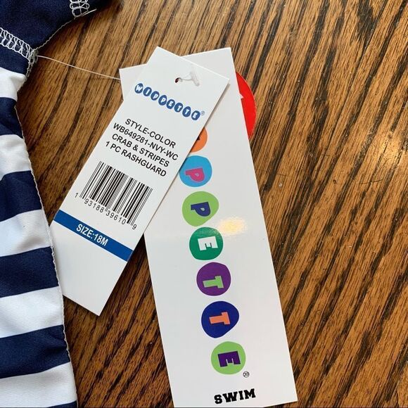 NWT New WIPPETTE Rashguard One Piece Swimsuit Pirate Crab Navy White Stripes 18m - Picture 5 of 6